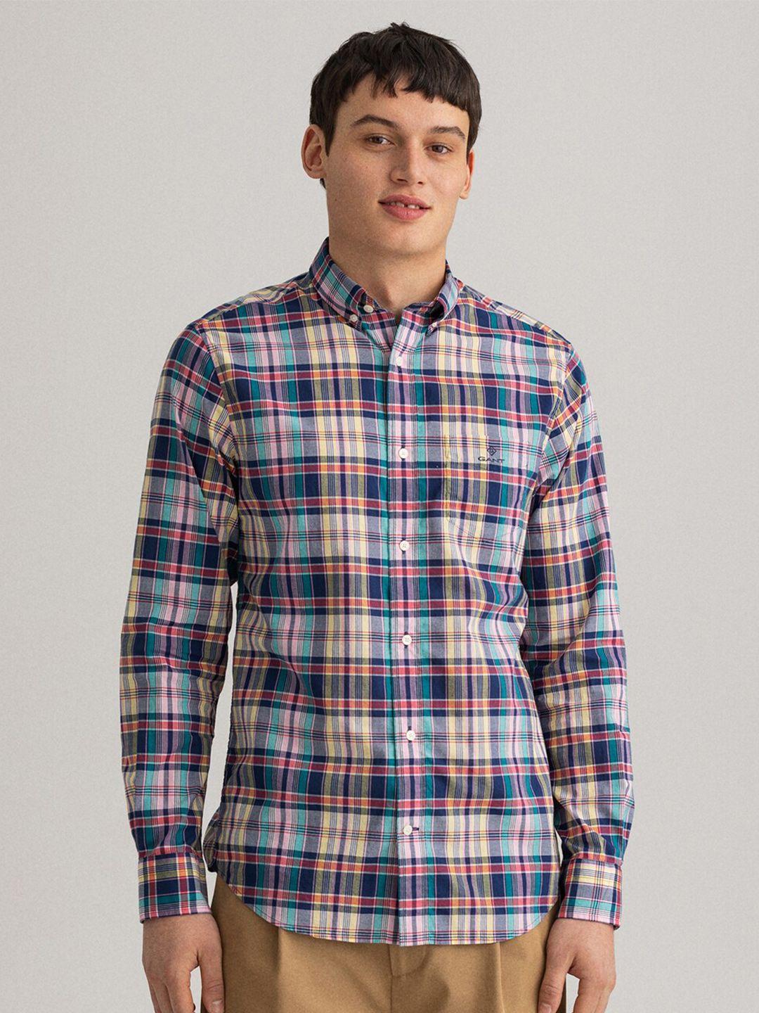 gant men multicoloured tartan checked button-down collar cotton casual shirt