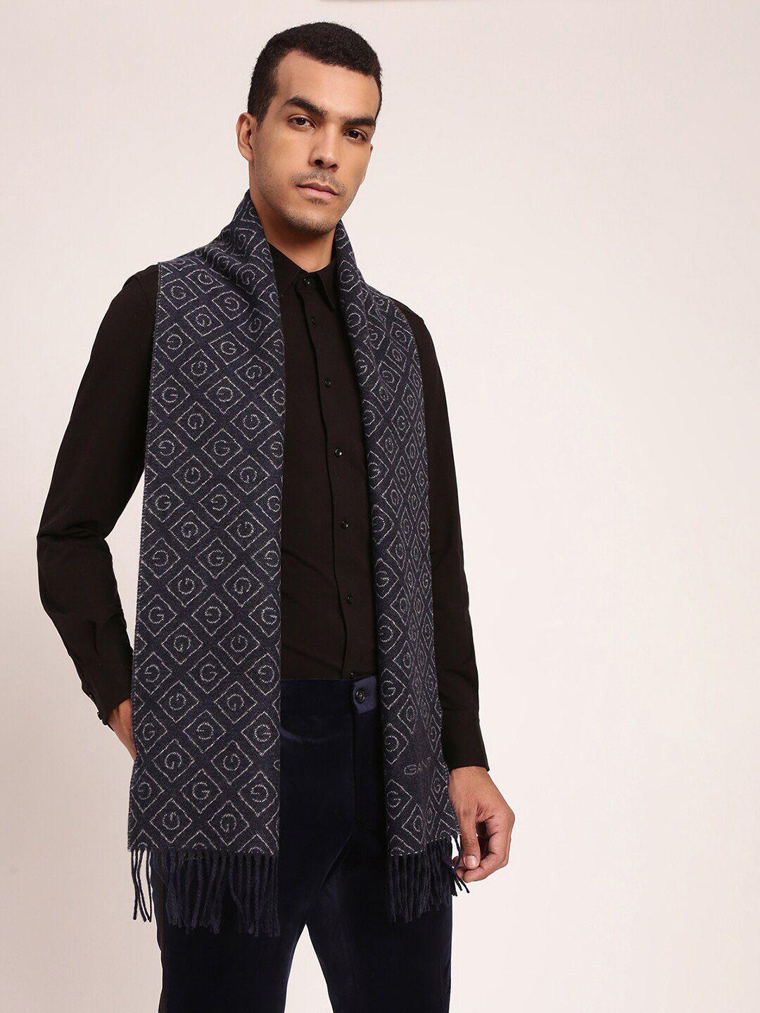 gant men navy blue & white checked wool scarf