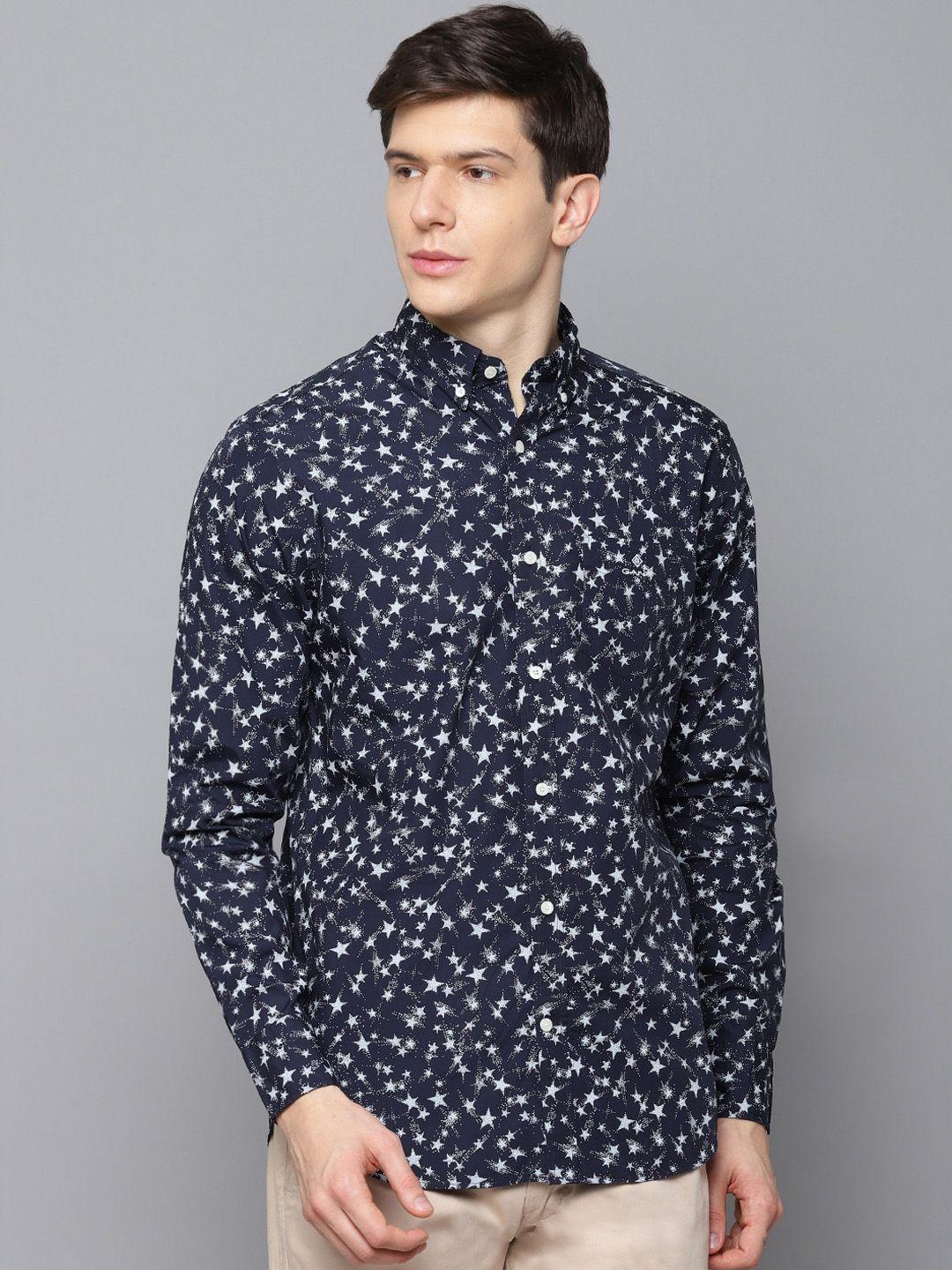 gant men navy blue regular fit printed casual shirt