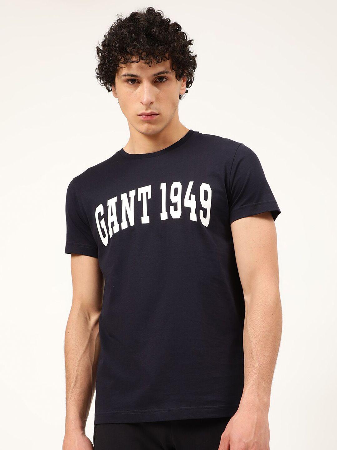 gant men navy blue typography printed pure cotton t-shirt