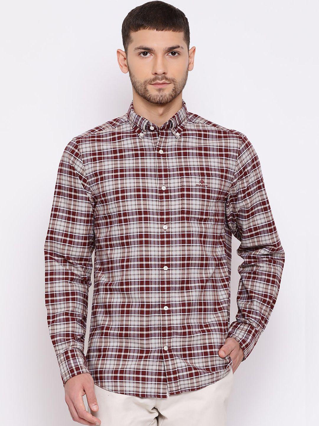 gant men red & white slim fit checked casual shirt