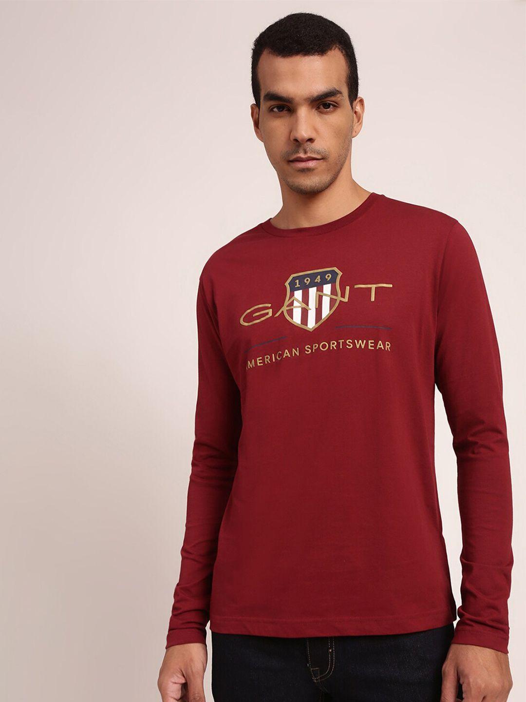 gant men red typography printed pure cotton applique t-shirt