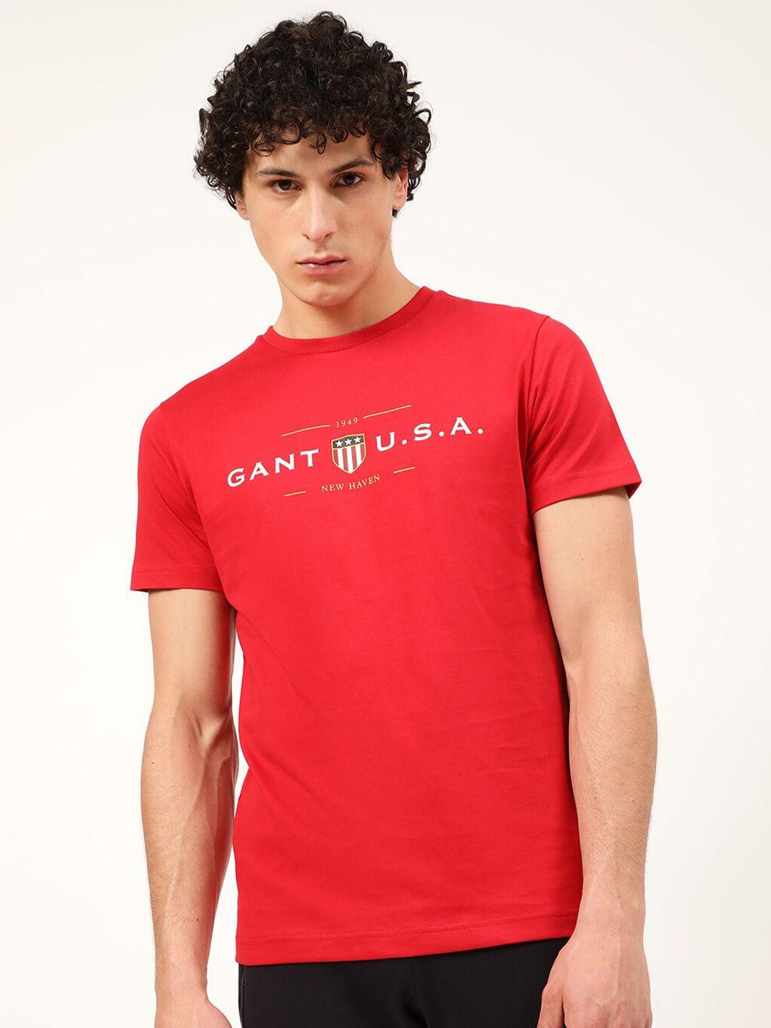 gant men red typography printed pure cotton t-shirt