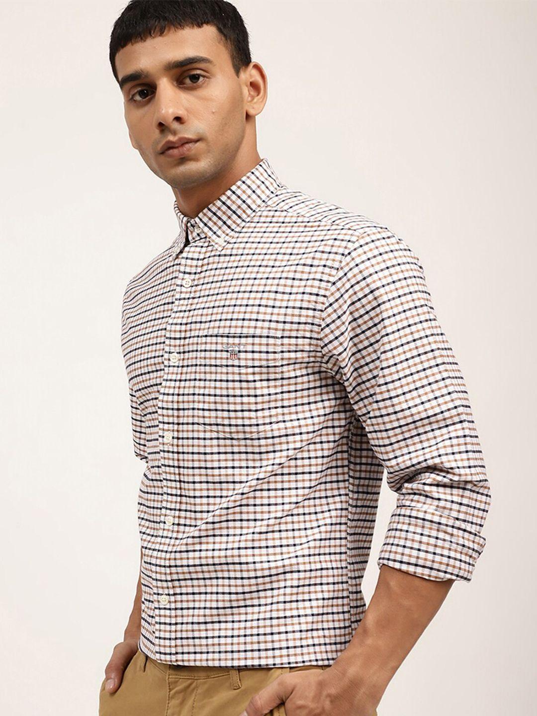 gant men white & blue checked regular fit casual shirt