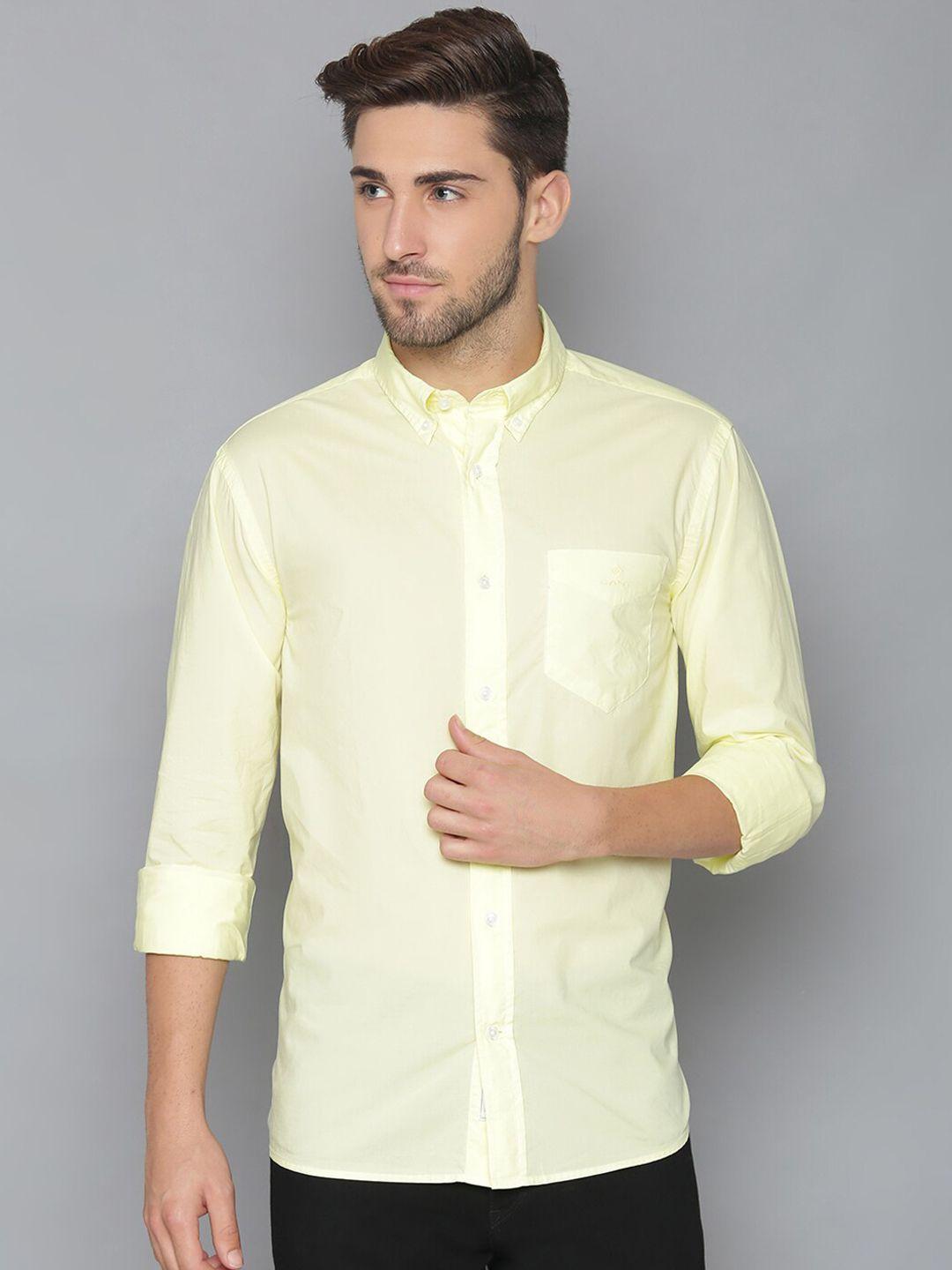 gant men yellow regular fit solid casual shirt