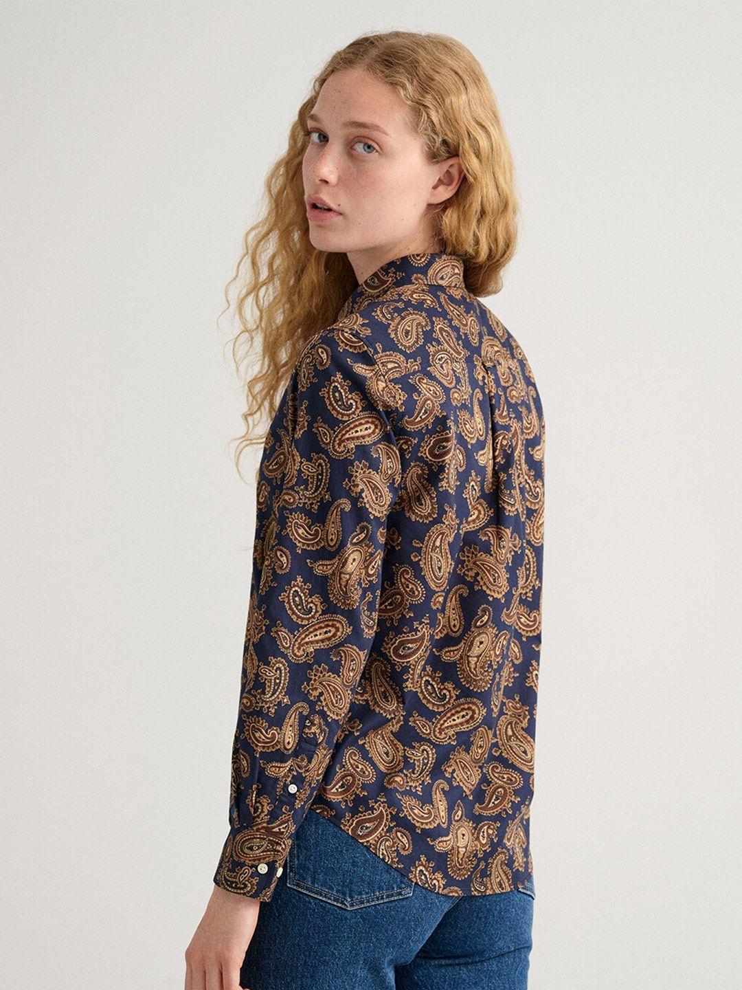 gant navy blue & brown floral shirt style pure cotton top