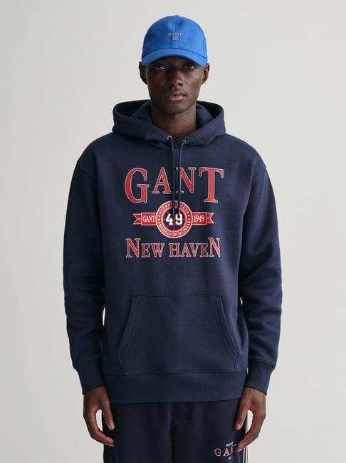 gant navy comfort fit printed hooded sweatshirt
