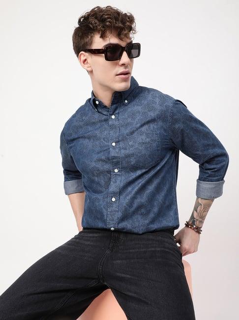 gant navy cotton regular fit printed shirt