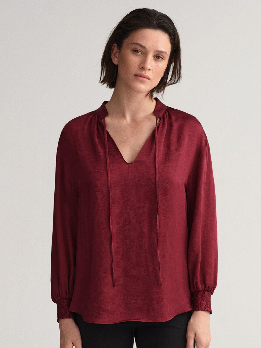 gant red solid mandarin collar top