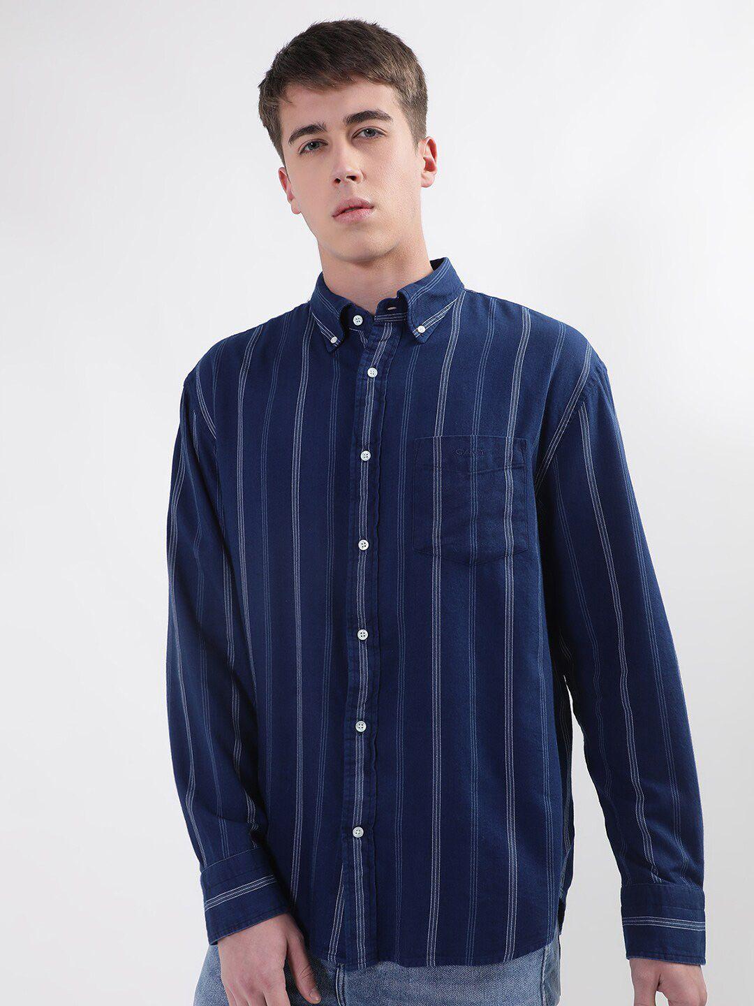 gant relaxed indigo striped button down collar cotton casual shirt