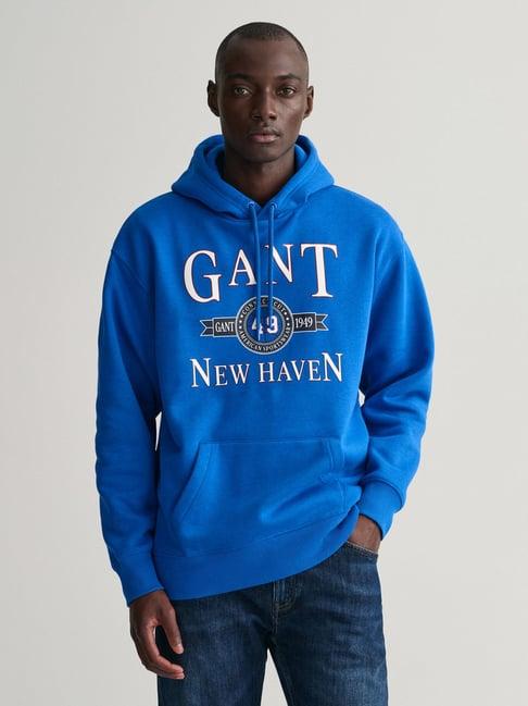 gant royal blue comfort fit printed hooded sweatshirt