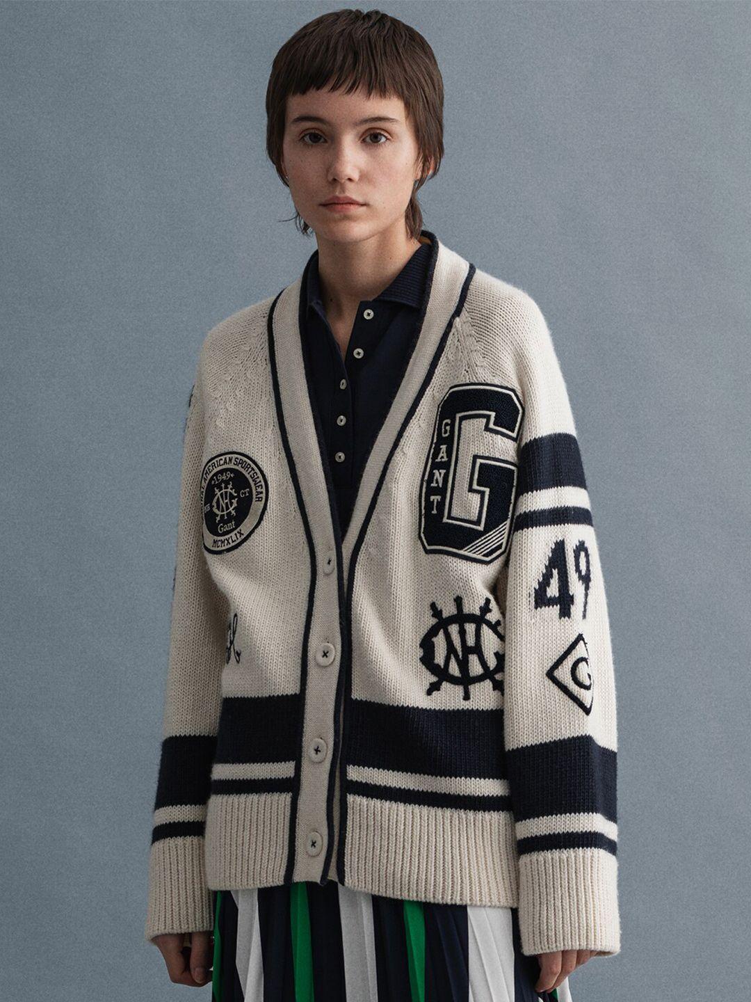 gant women cream-coloured & black varsity self design cardigan sweater