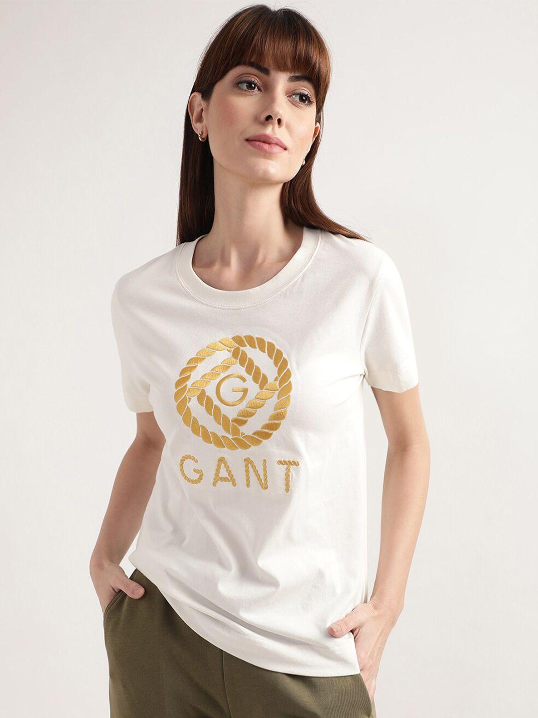 gant women cream-coloured typography printed t-shirt