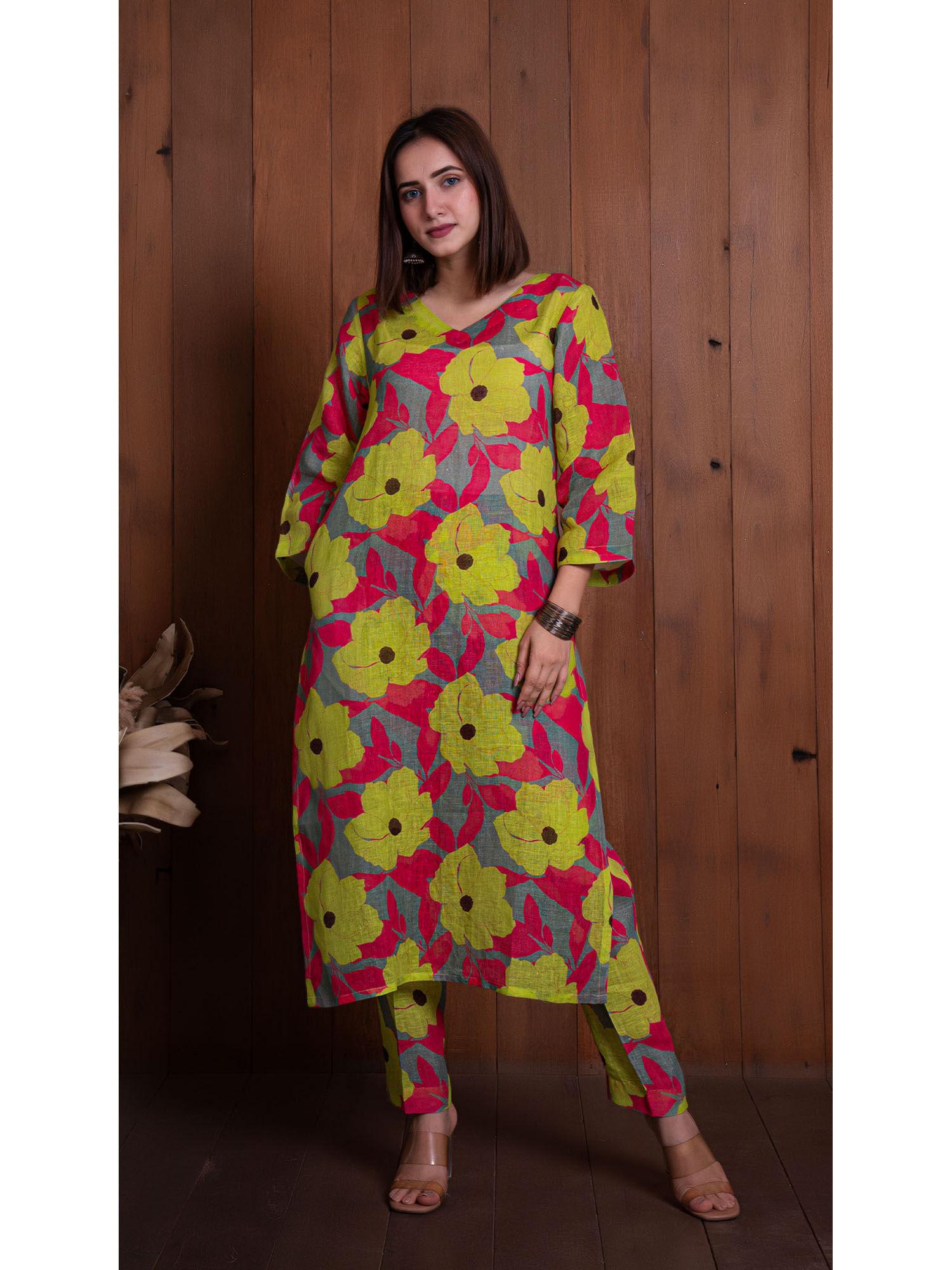 garden of dreams pure linen kurta with pant- yellow & pink (set of 2)