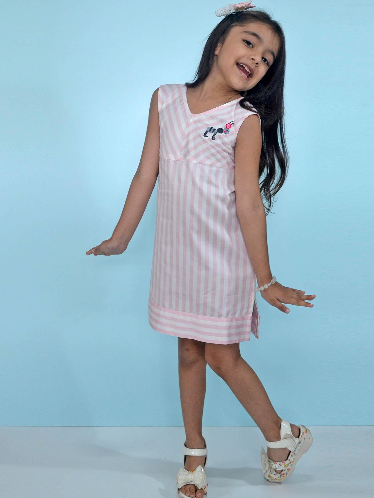 gardinia ant embroidery striped a line sleeveless cotton dress pink