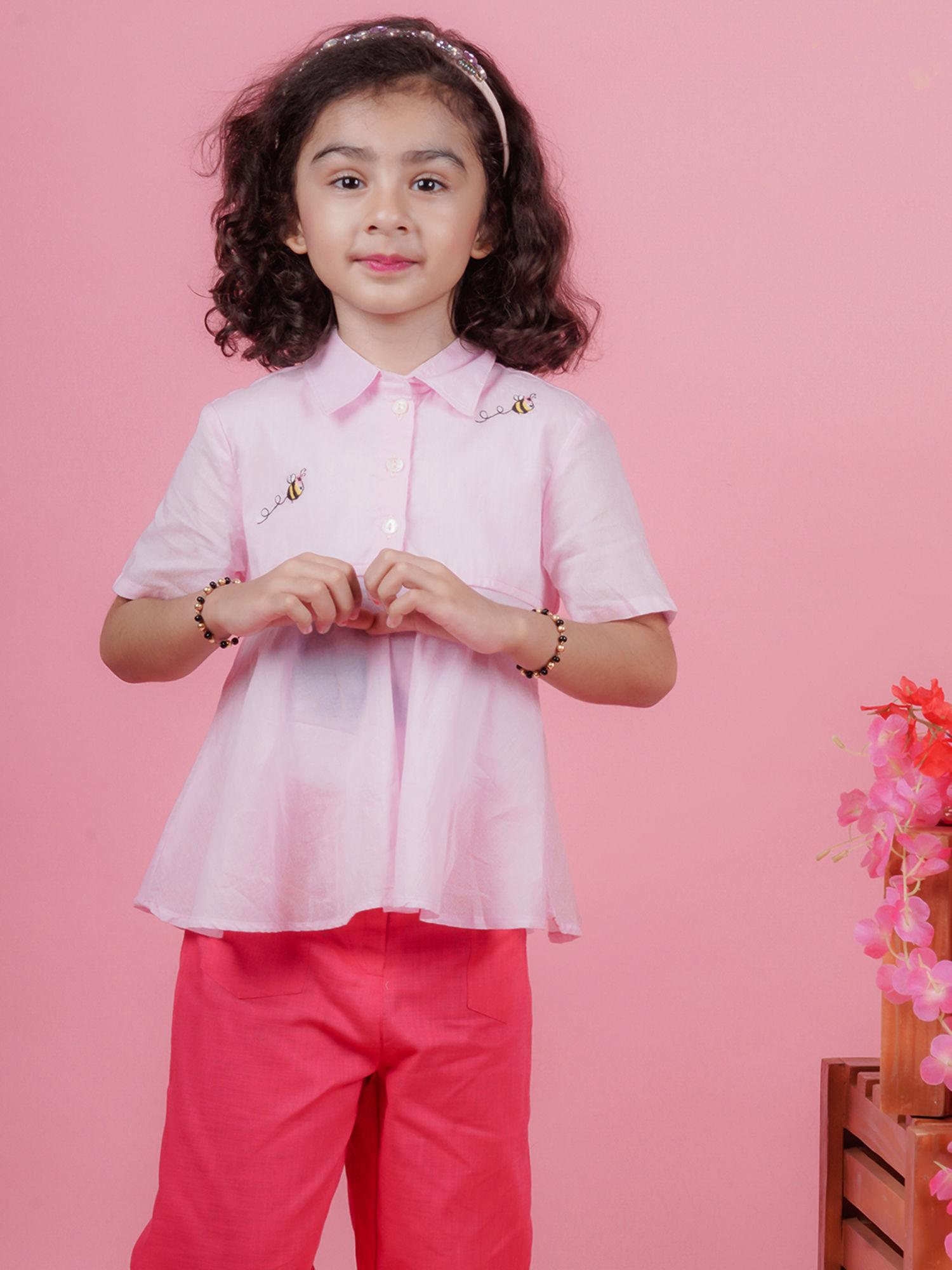 gardinia bee embroidery flared cotton mulmul shirt pink