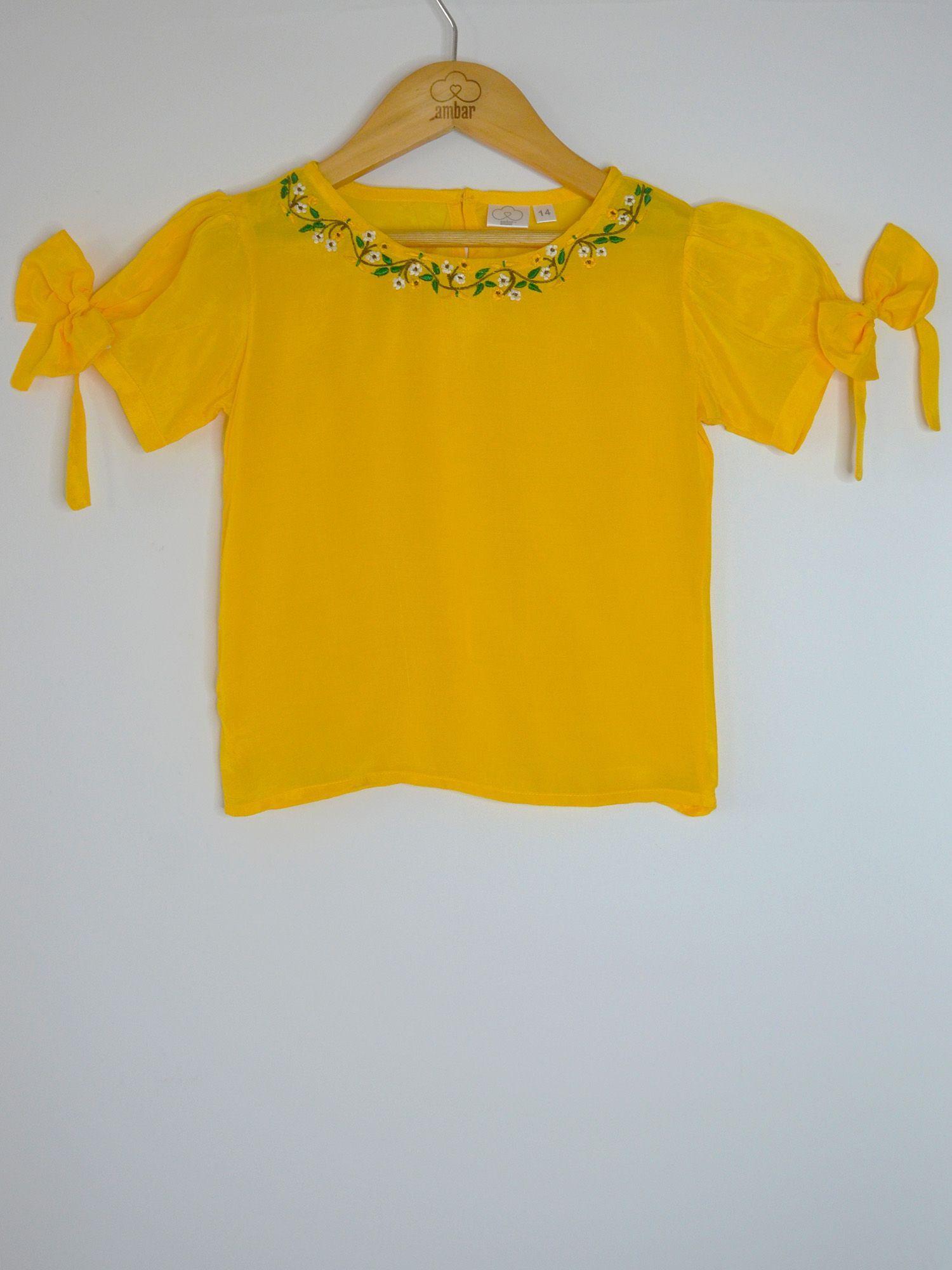 gardinia daffodil veil embroidery puff sleeve muslin top with bow yellow