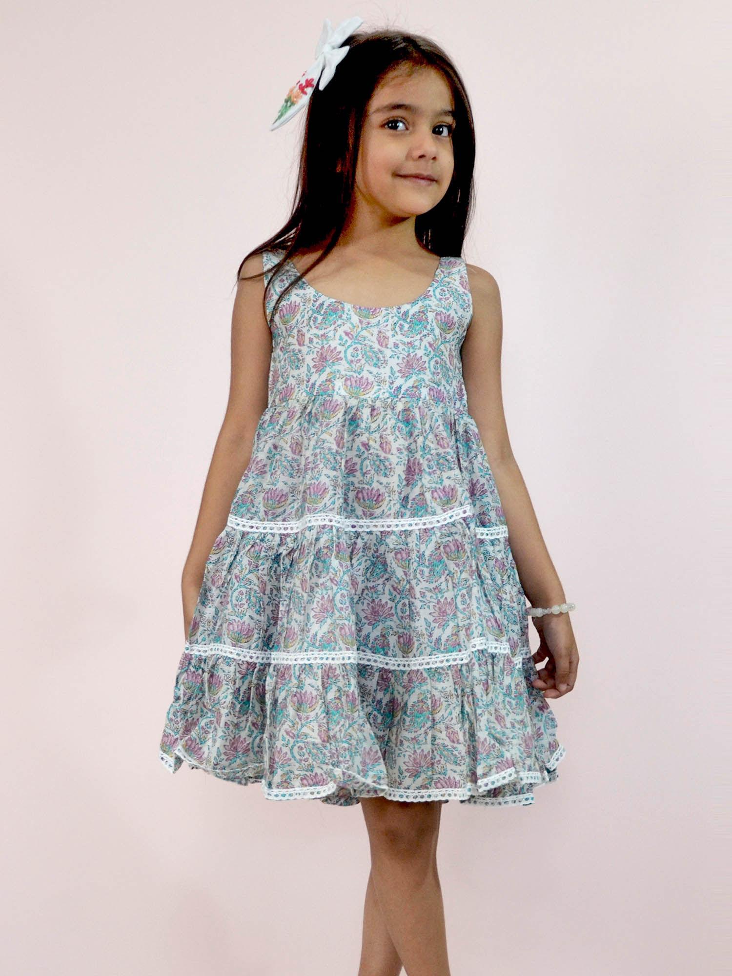 gardinia floral printed mulmul lace hem tiered flared dress blue