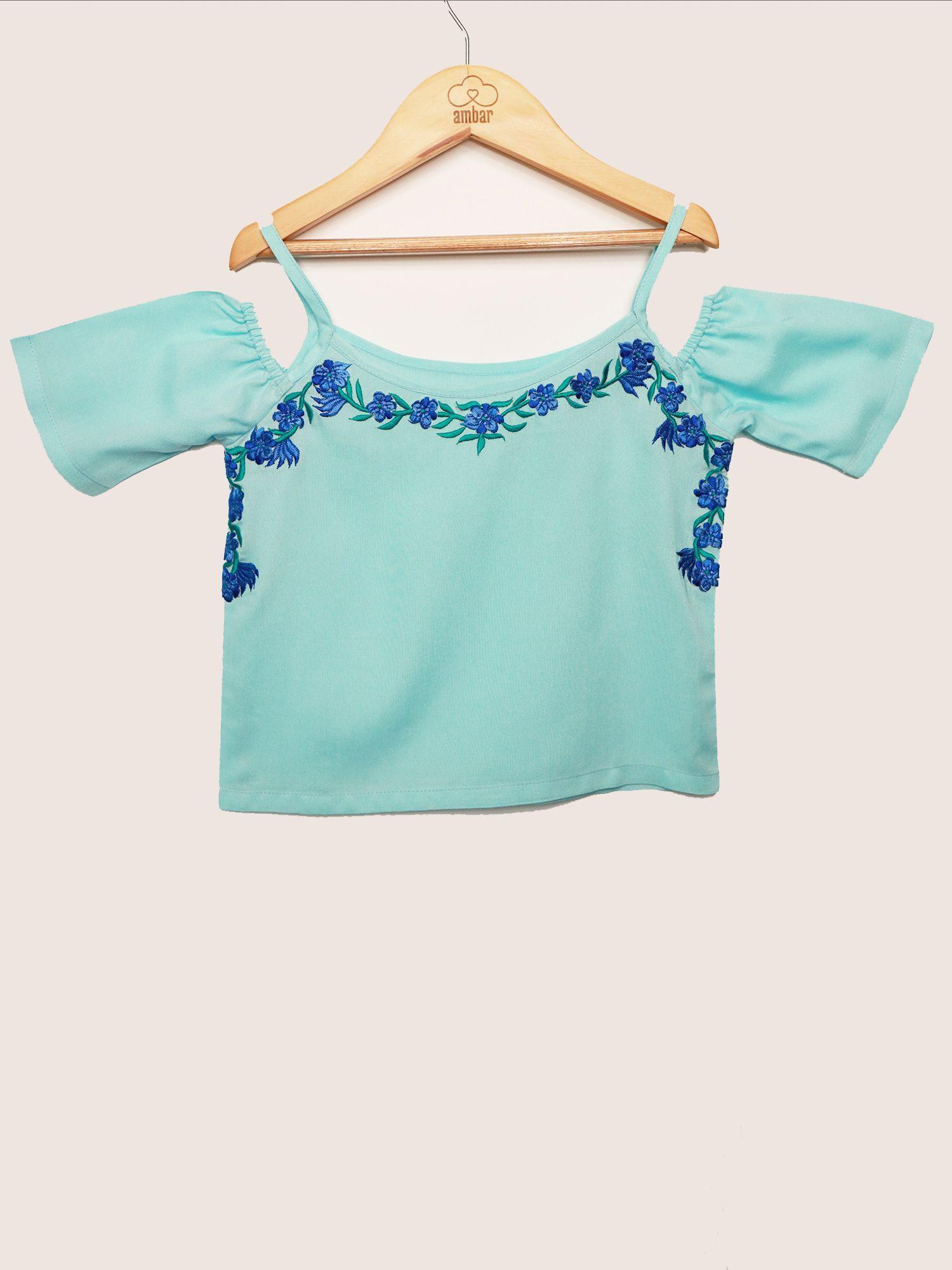 gardinia periwinkle embroidery cold shoulder flowy cotton top blue