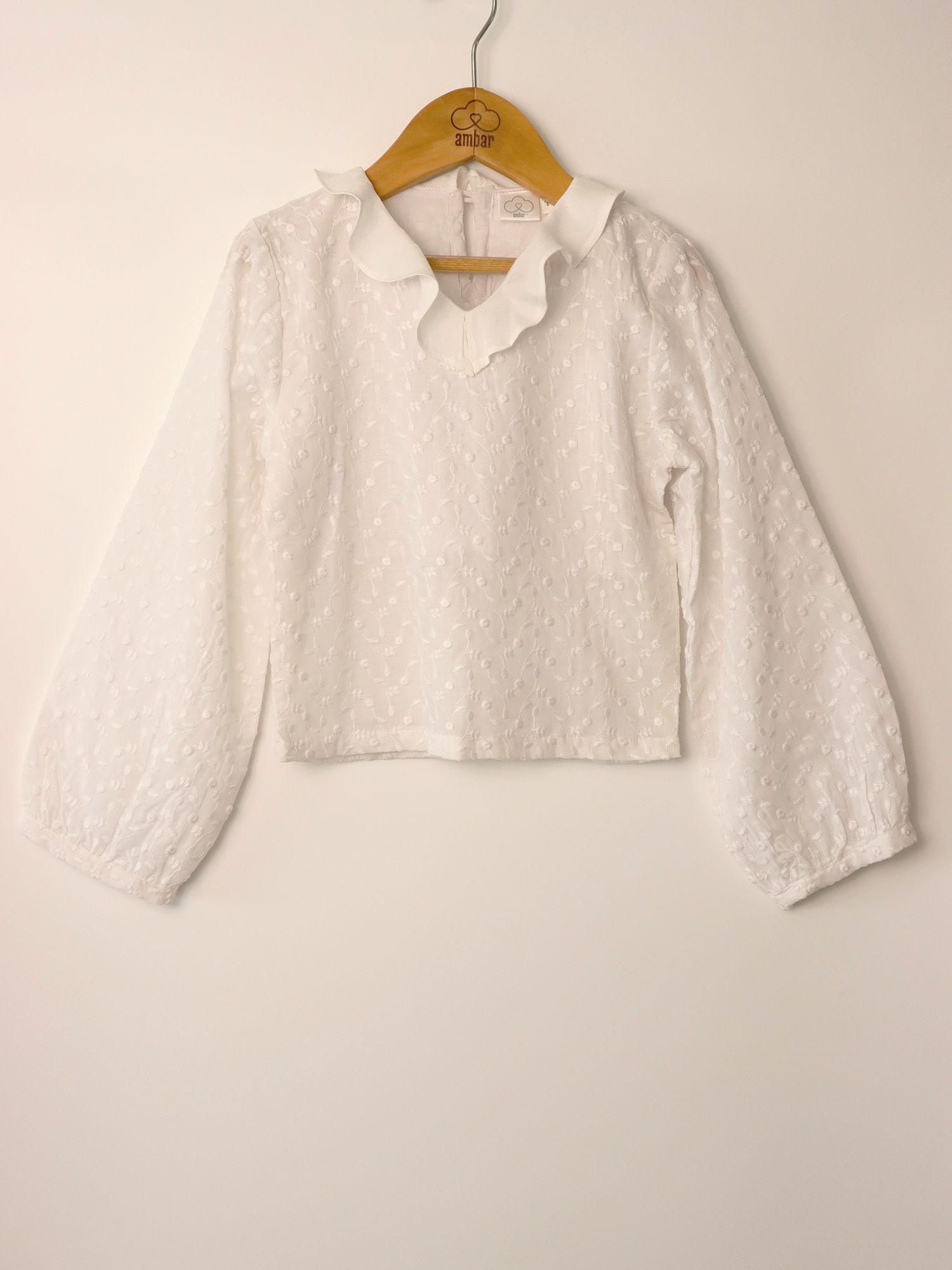 gardinia ruffle neck long sleeve cotton embroidery top white