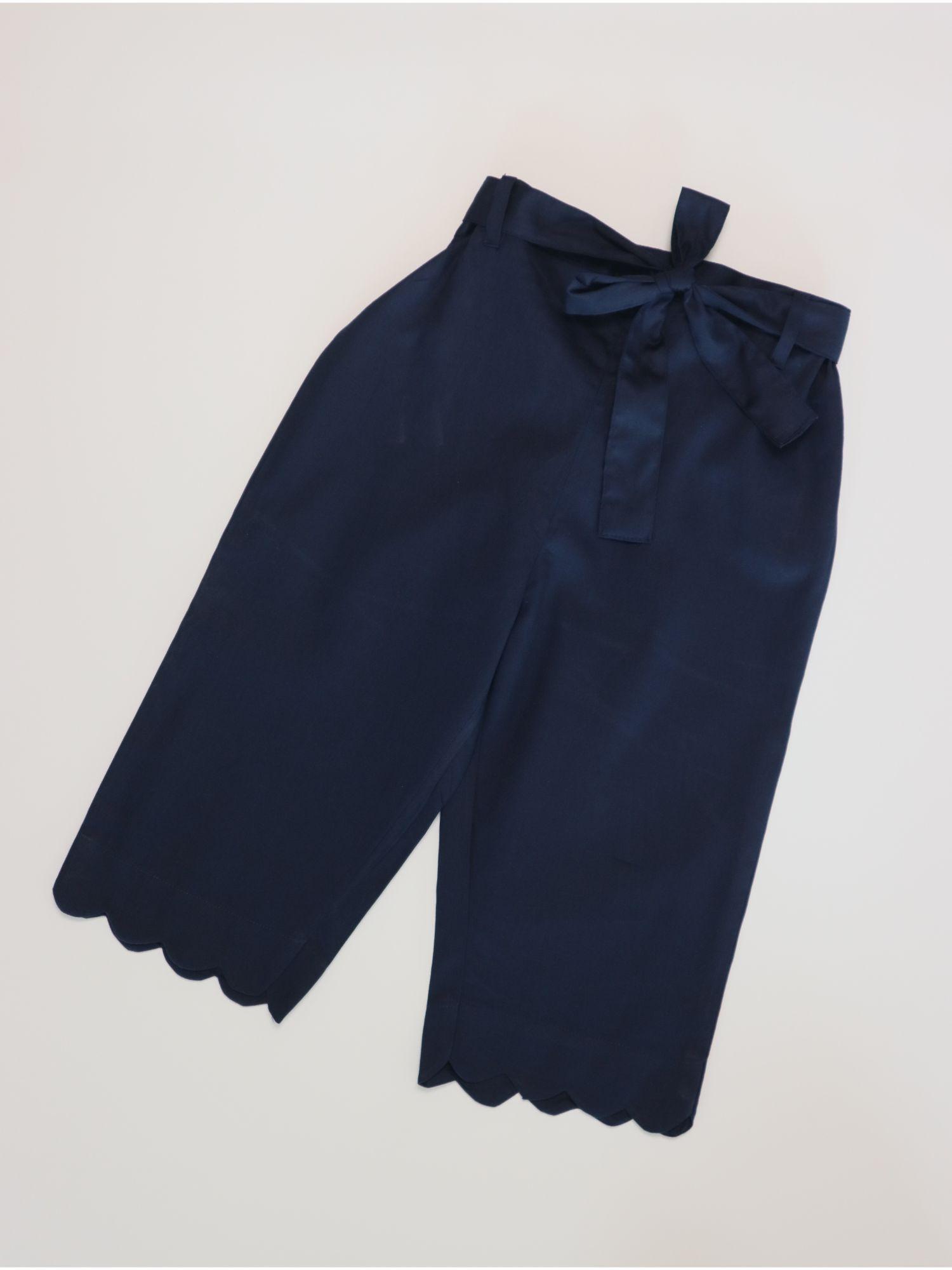 gardinia scallop hem culotte cotton pants tie up bow belt navy blue