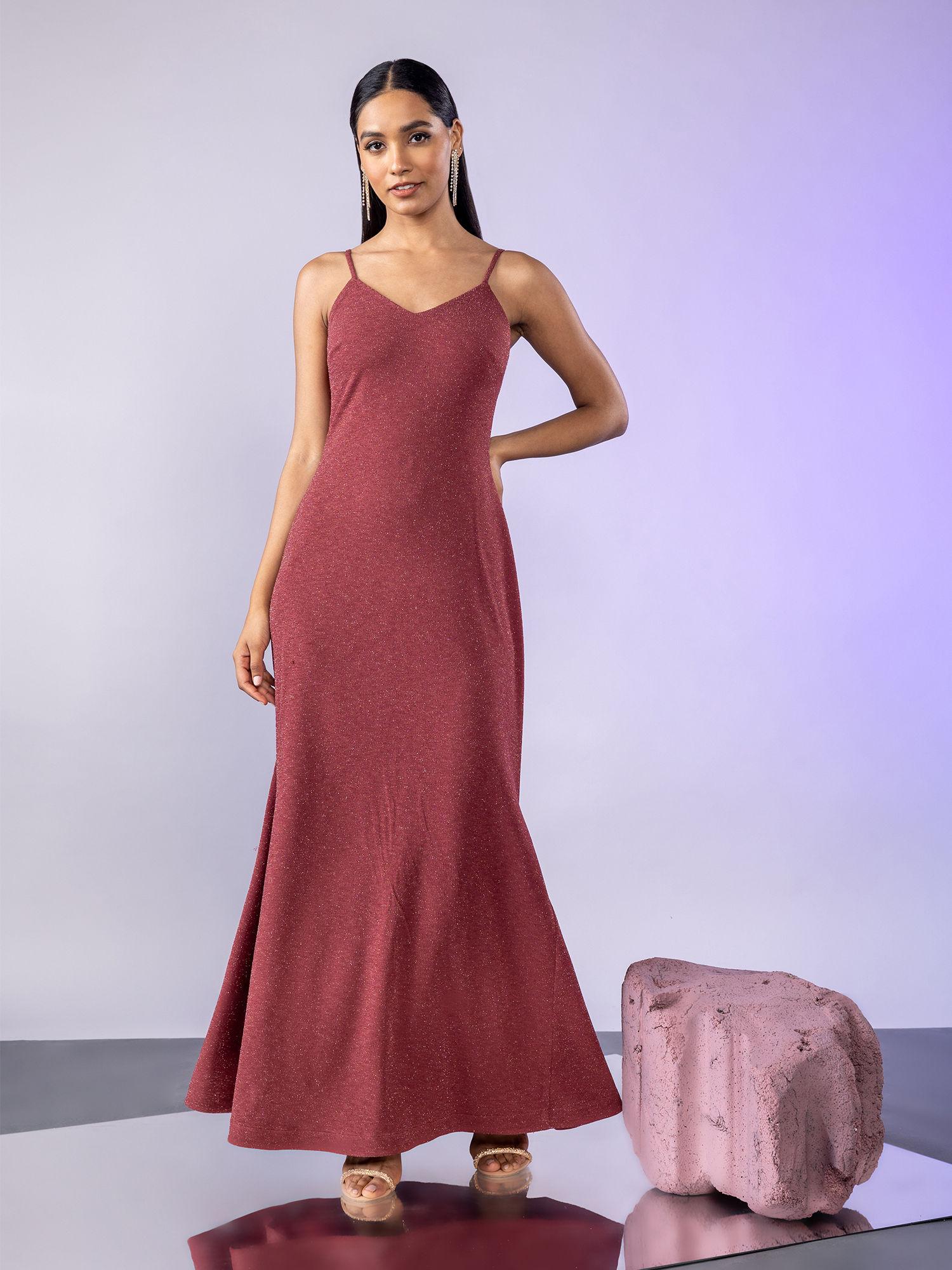 garnet pink v neck strappy godet shimmer gown