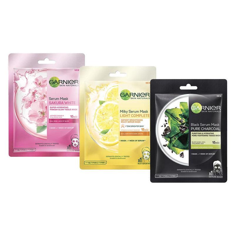 garnier skin naturals pack of 3 face serum sheet mask (milky serum + charcoal + sakura)