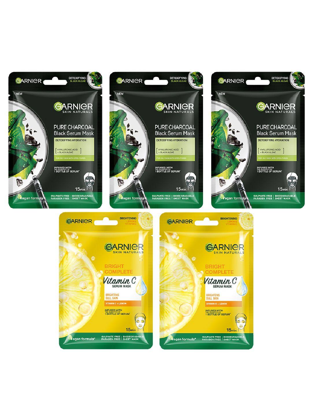 garnier skin naturals set of 5 face serum sheet masks - pure charcoal & light complete