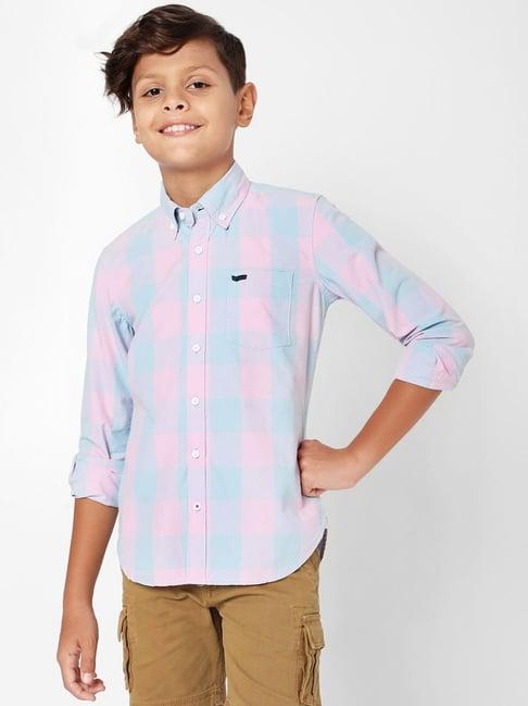 gas kids blue & pink cotton chequered full sleeves shirt