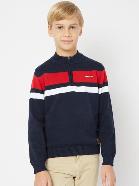 gas kids navy & red cotton striped full sleeves sweater