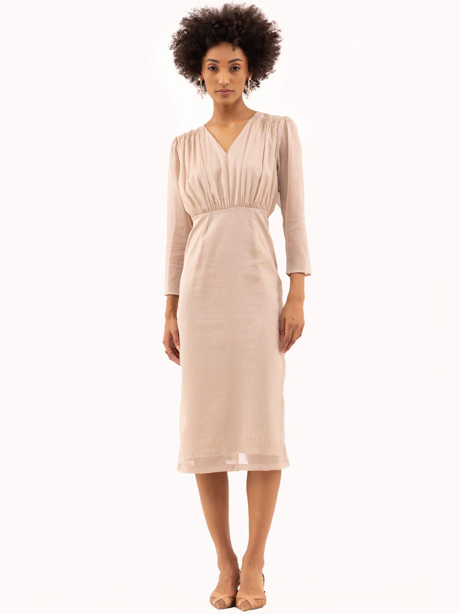 gathered fitted calf length dress beige