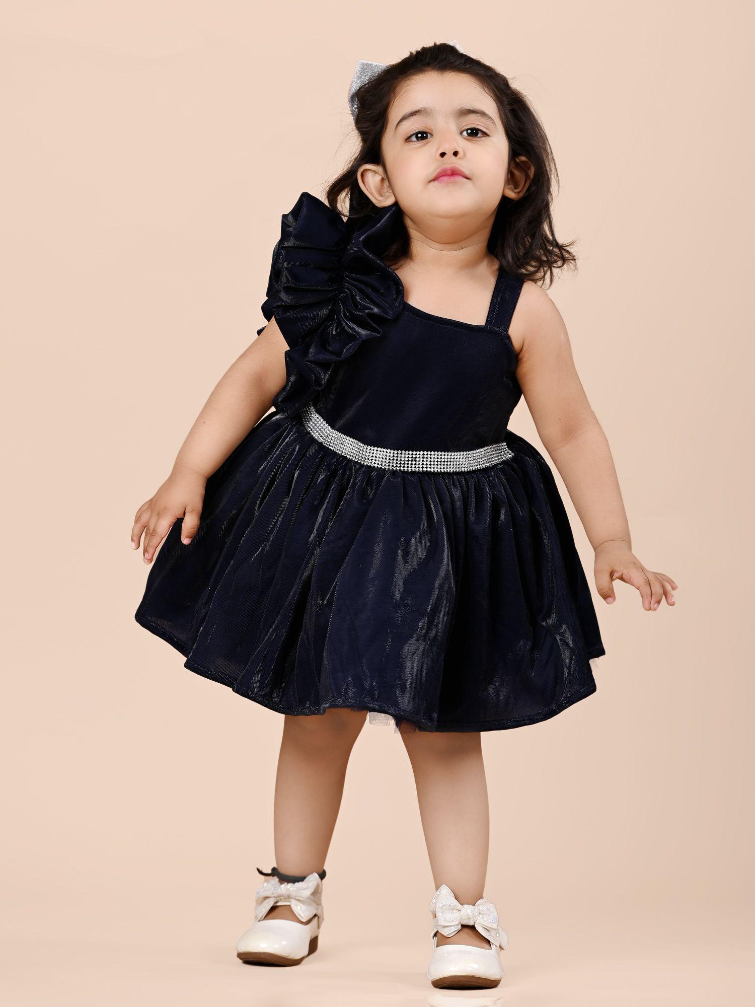 gathered gloss finish satin party dress - navy blue