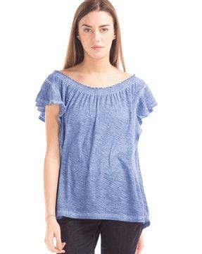 gathered off-shoulder top with smocked neckline