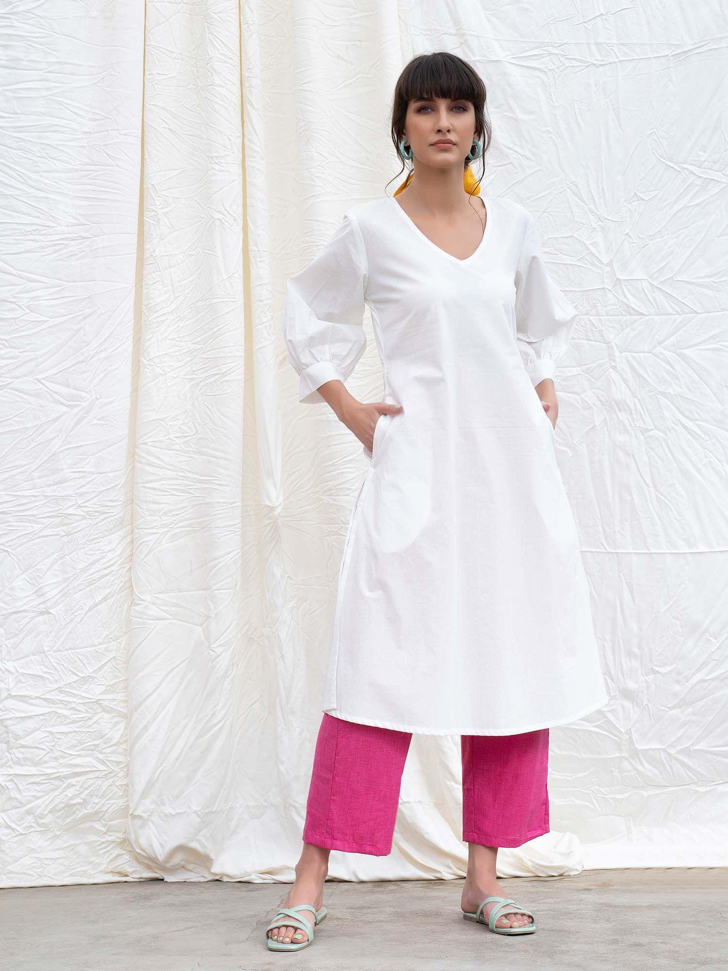 gathered sleeve a-line kurta in cotton poplin-marshmallow white