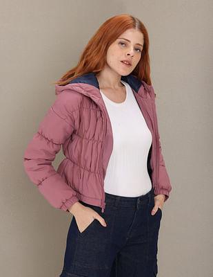 gathered solid hooded crop jacket