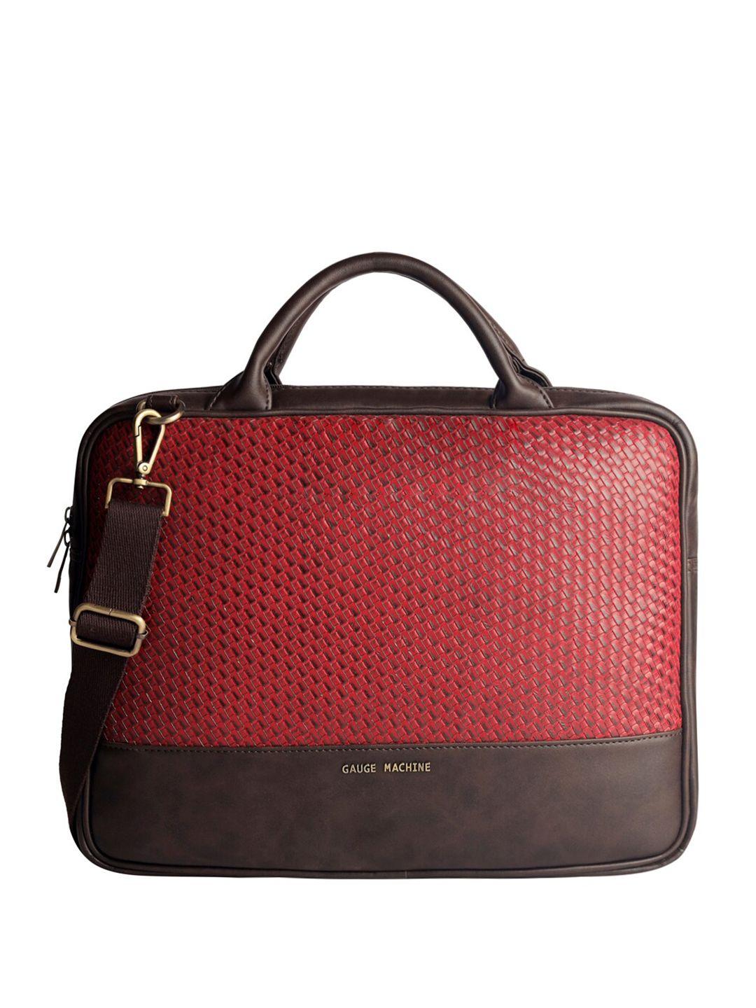 gauge machine unisex brown & red textured leather laptop bag