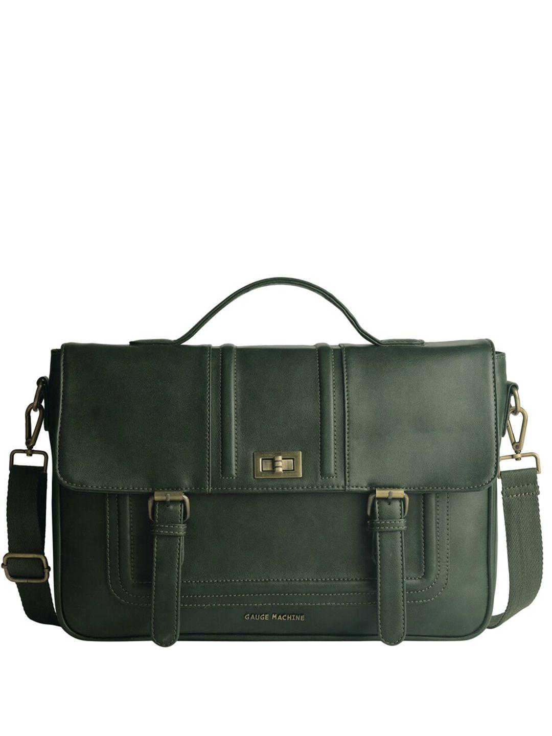 gauge machine unisex green & bronze-toned leather laptop bag