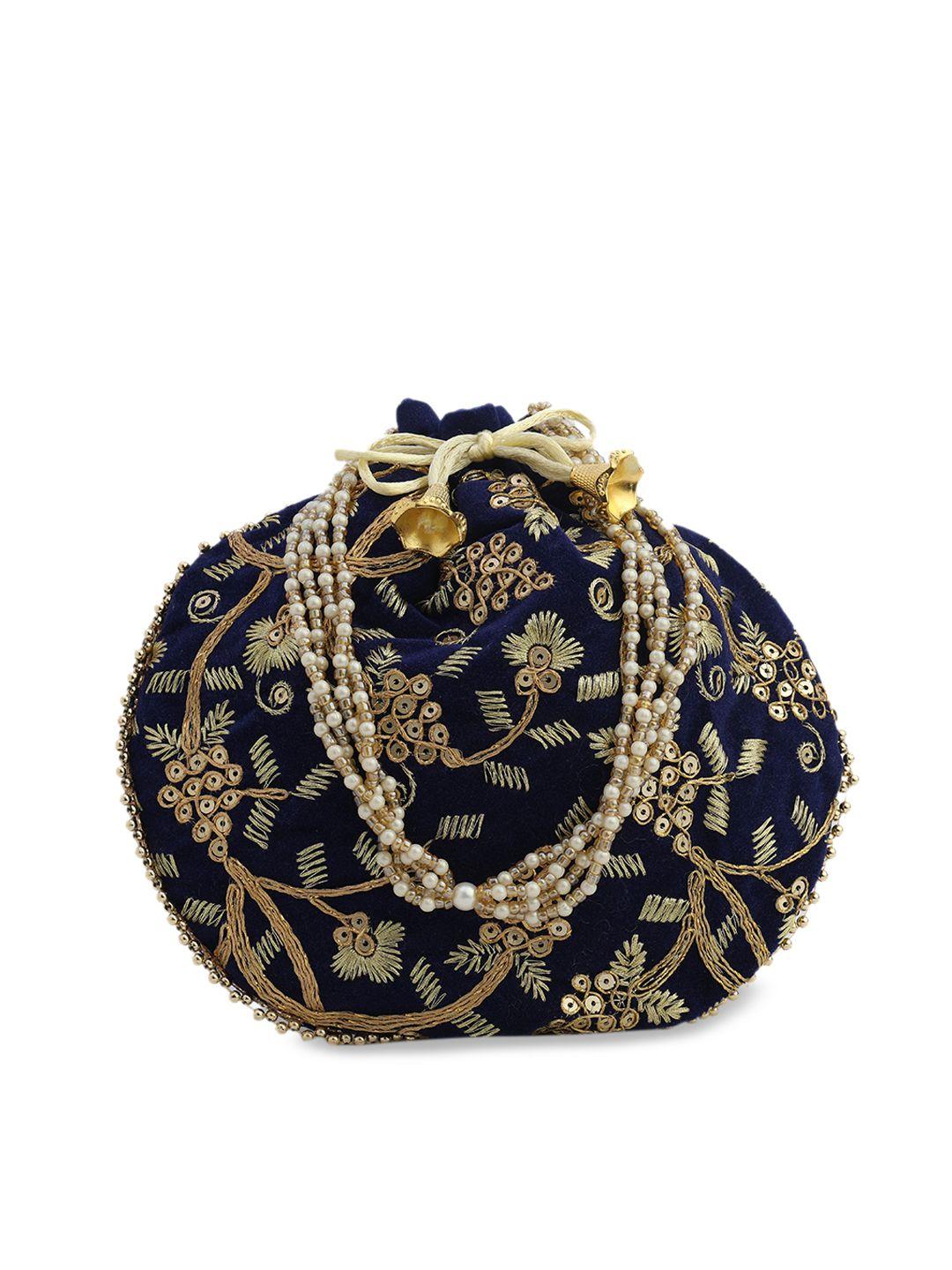 gaura pakhi blue & gold-toned embroidered potli clutch
