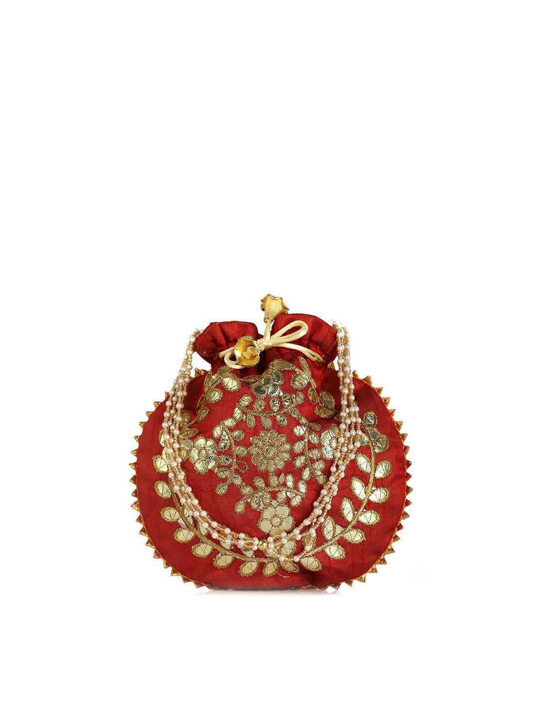 gaura pakhi maroon & gold-toned embroidered embellished potli clutch