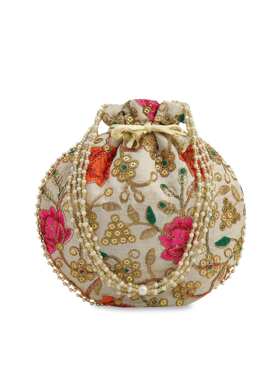 gaura pakhi beige & pink embellished potli clutch