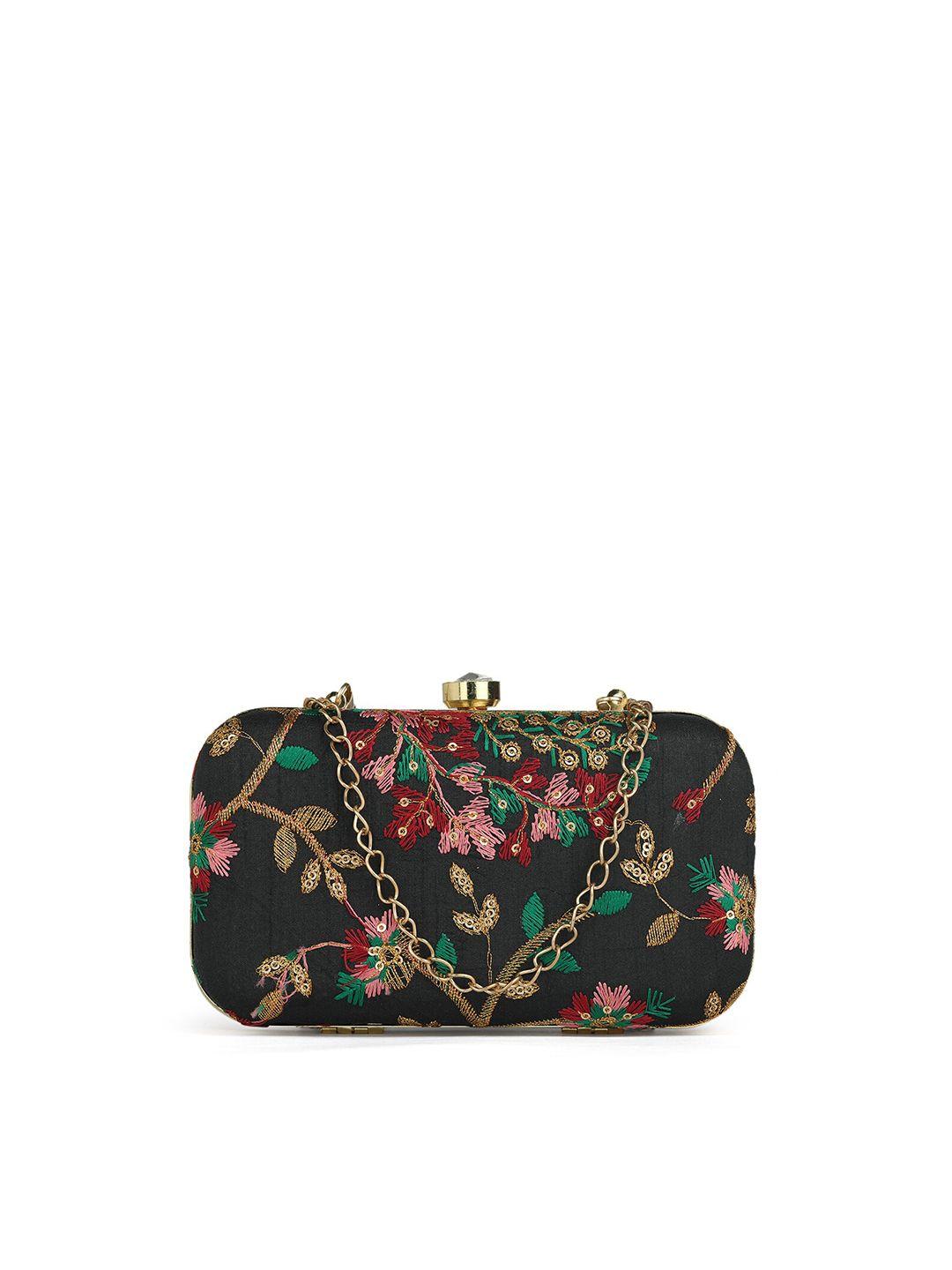 gaura pakhi black & red embroidered box clutch