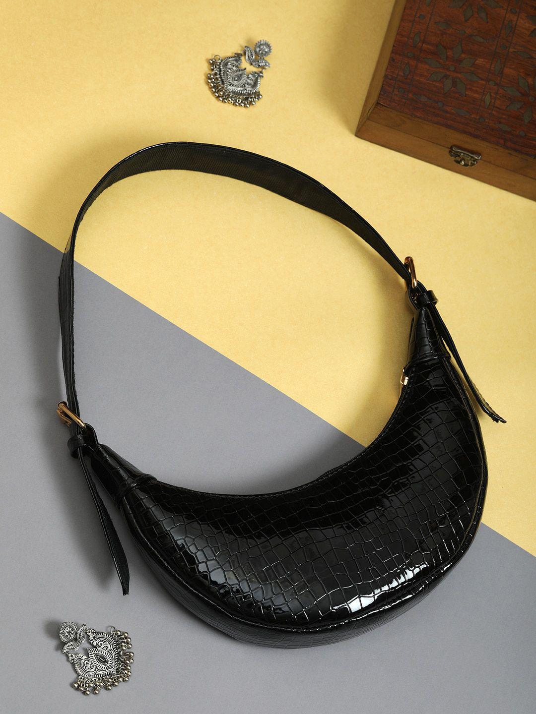 gaura pakhi black animal textured structured hobo bag