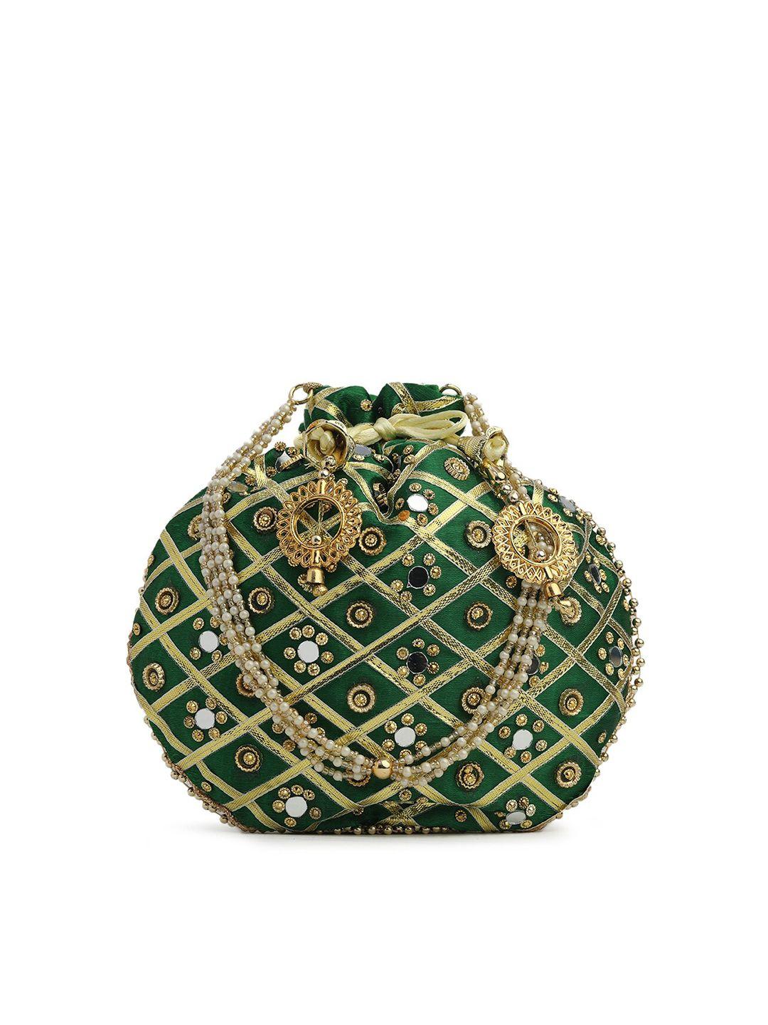 gaura pakhi green & gold-toned embroidered potli clutch
