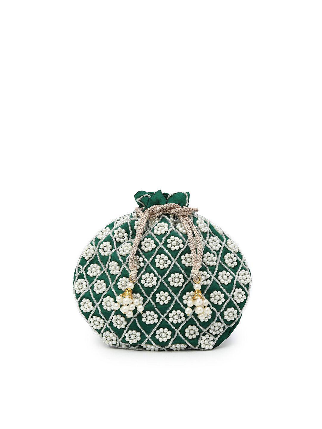 gaura pakhi green & white embellished potli clutch