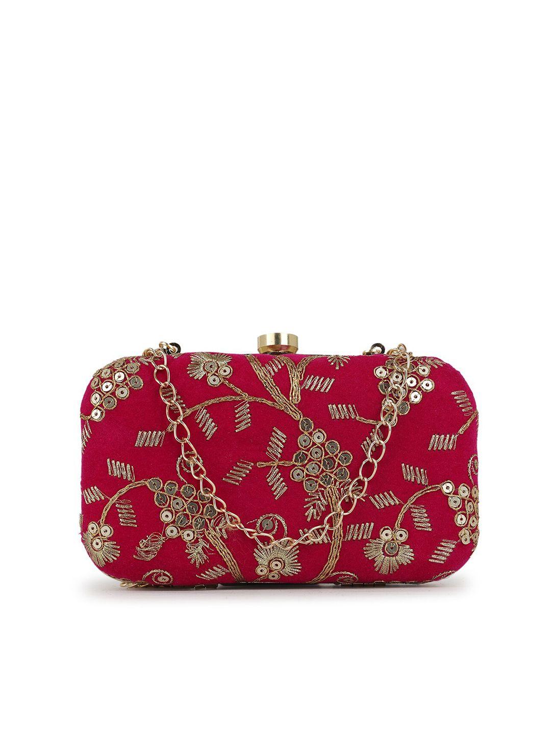 gaura pakhi magenta & gold-toned embroidered box clutch