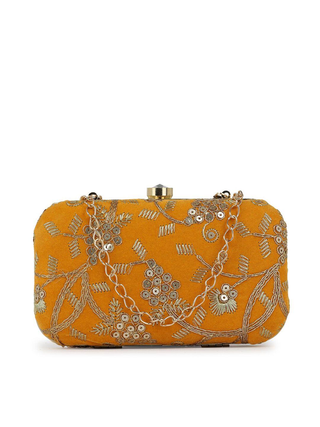 gaura pakhi mustard & gold-toned embroidered box clutch