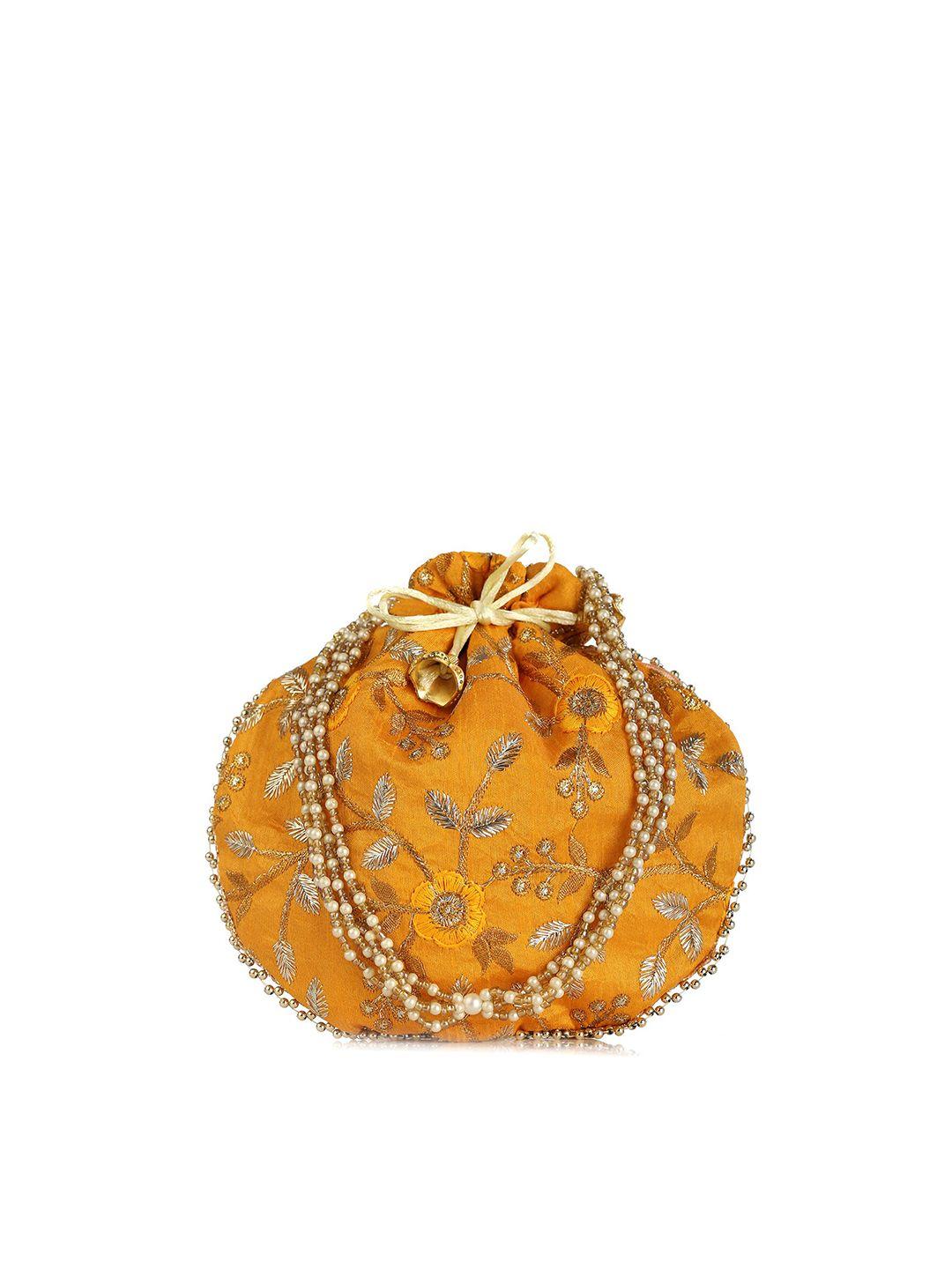 gaura pakhi mustard & gold-toned embroidered embellished potli clutch