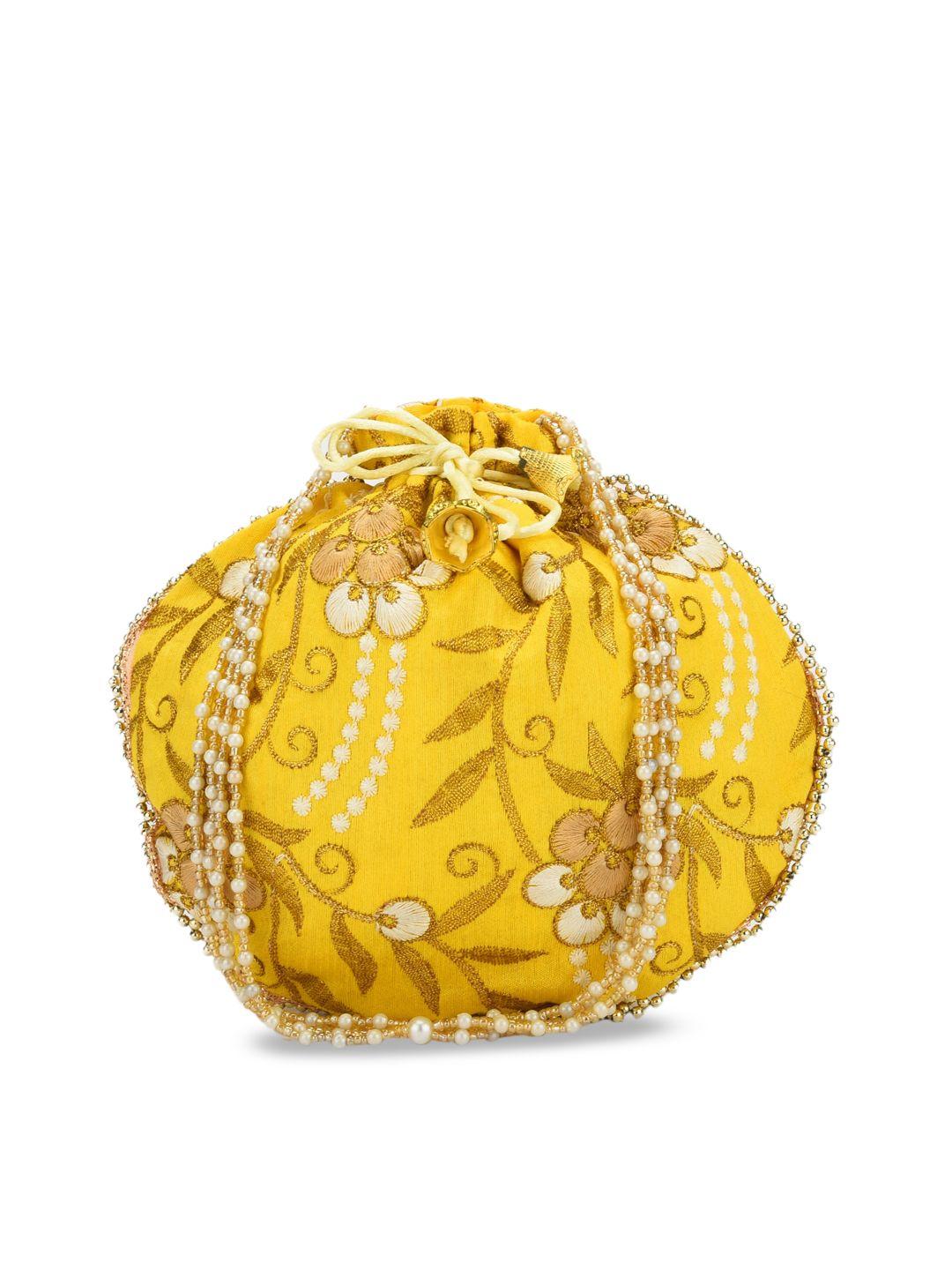 gaura pakhi mustard yellow & gold-toned embroidered potli clutch