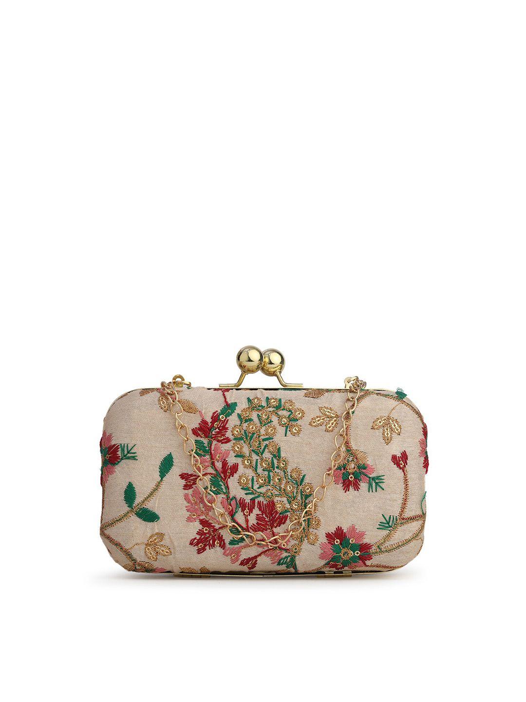 gaura pakhi off white & green embroidered box clutch