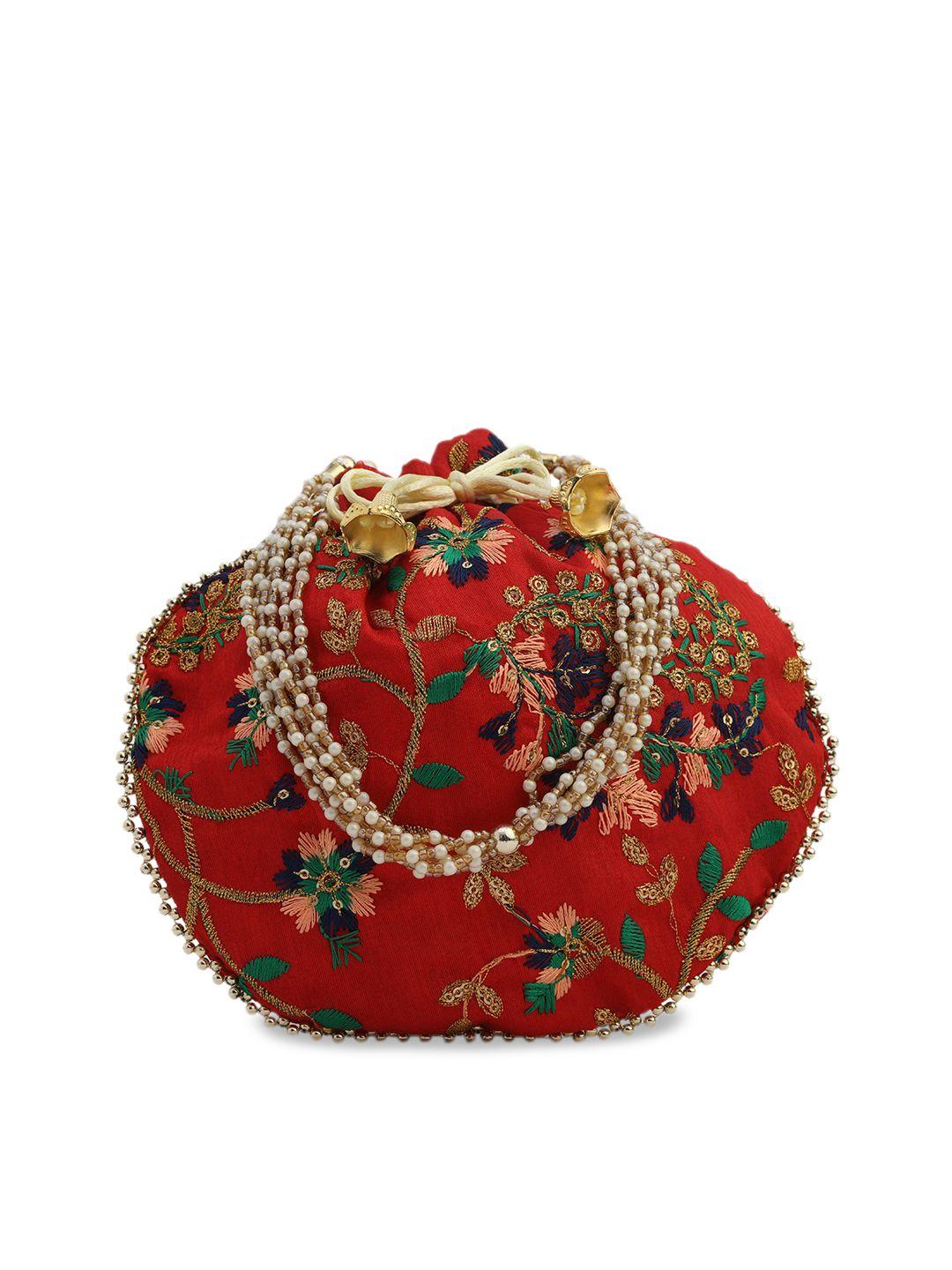 gaura pakhi red & blue embellished embroidered potli clutch